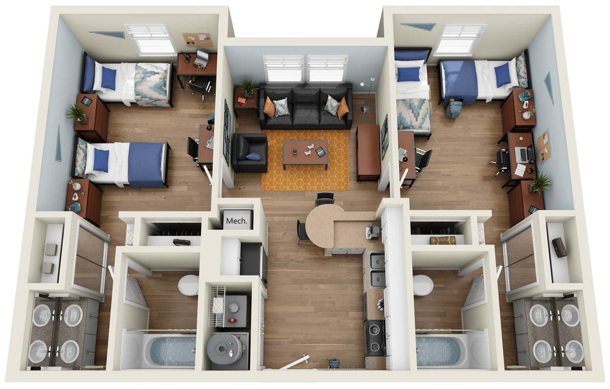 Ettrick Dogwood Floor Plan - 2 Bedrooms/2 Bathrooms - 900 square feet