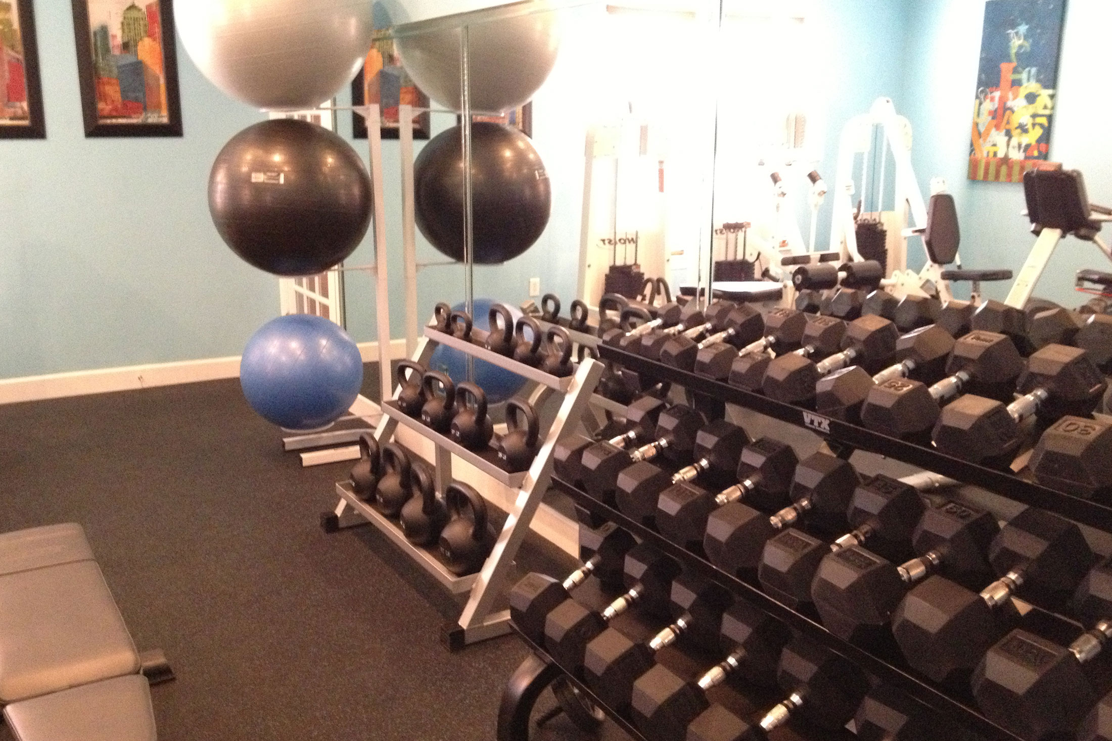 Fitness center with large rack of dumbbells, kettle bells, and exercise balls.